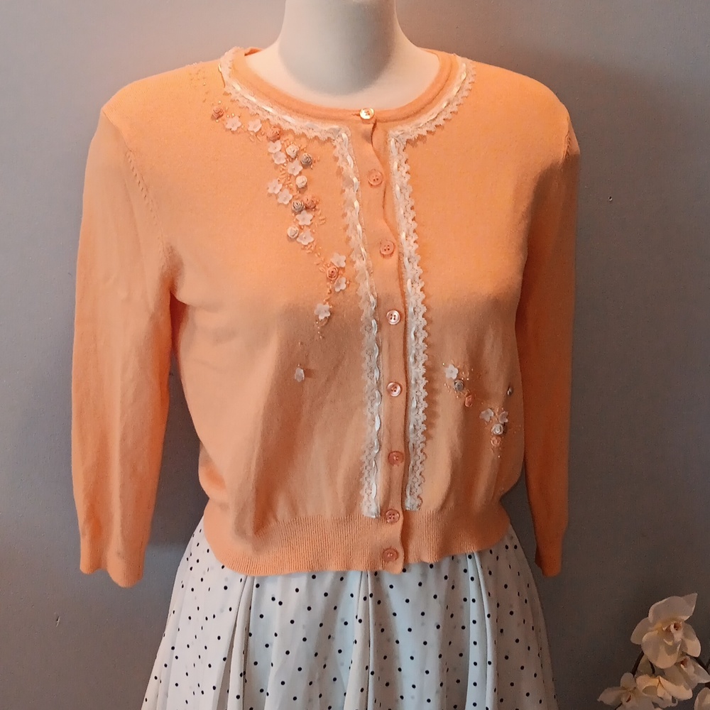 Vintage togo peach floral and lace cardigan